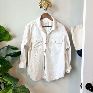 American Eagle Button Down white with tan stitch